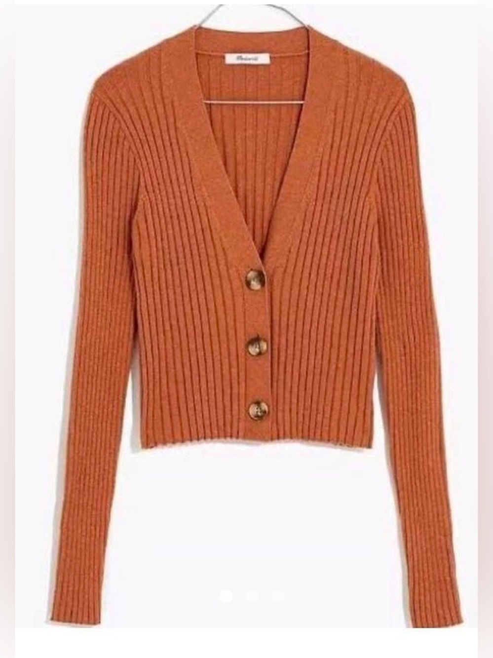 Madewell Slim Ribbed V-Neck Turtleshell Button Cardigan — Rust Orange